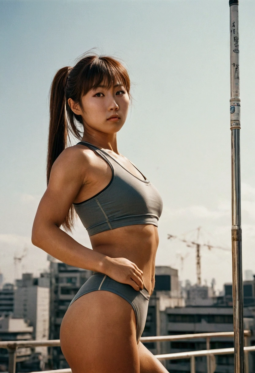analog film photo, photo of a female pole vaulter, amber eyes, ponytail with shaggy bangs, tan complexion, Japanese ethnicity, beautiful face, natural beauty, sharp facial features, Amazonian stature, hourglass figure, busty bosom, full wide hips, plump round buttocks, wearing an athletic top and spandex shorts, posing on a sunny Tokyo rooftop, sweaty skin, damp clothes, RAW Photograph, dslr, soft lighting, high quality, film grain, Fujifilm XT3, detailed skin with visible pores, insane details, masterpiece, 8k, 35mm photograph, dslr, kodachrome, faded film, desaturated, grainy, vintage, Lomography, stained, highly detailed, found footage, close-up shot