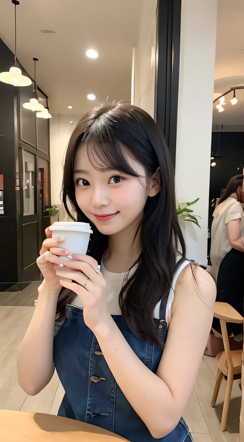 A Japanese woman in her early 20s、Dressed casually and stylishly。She is wearing a simple top and jeans.、She has a gentle smile and natural makeup.。The background is a corner of a cafe or a bright room.、Have a calm atmosphere。She holds a coffee cup in her hand、The subject looks directly into the camera, conveying familiarity and intimacy.。overall、The design emphasizes cuteness and a little mystery.、Blur the background so she is the main focus。