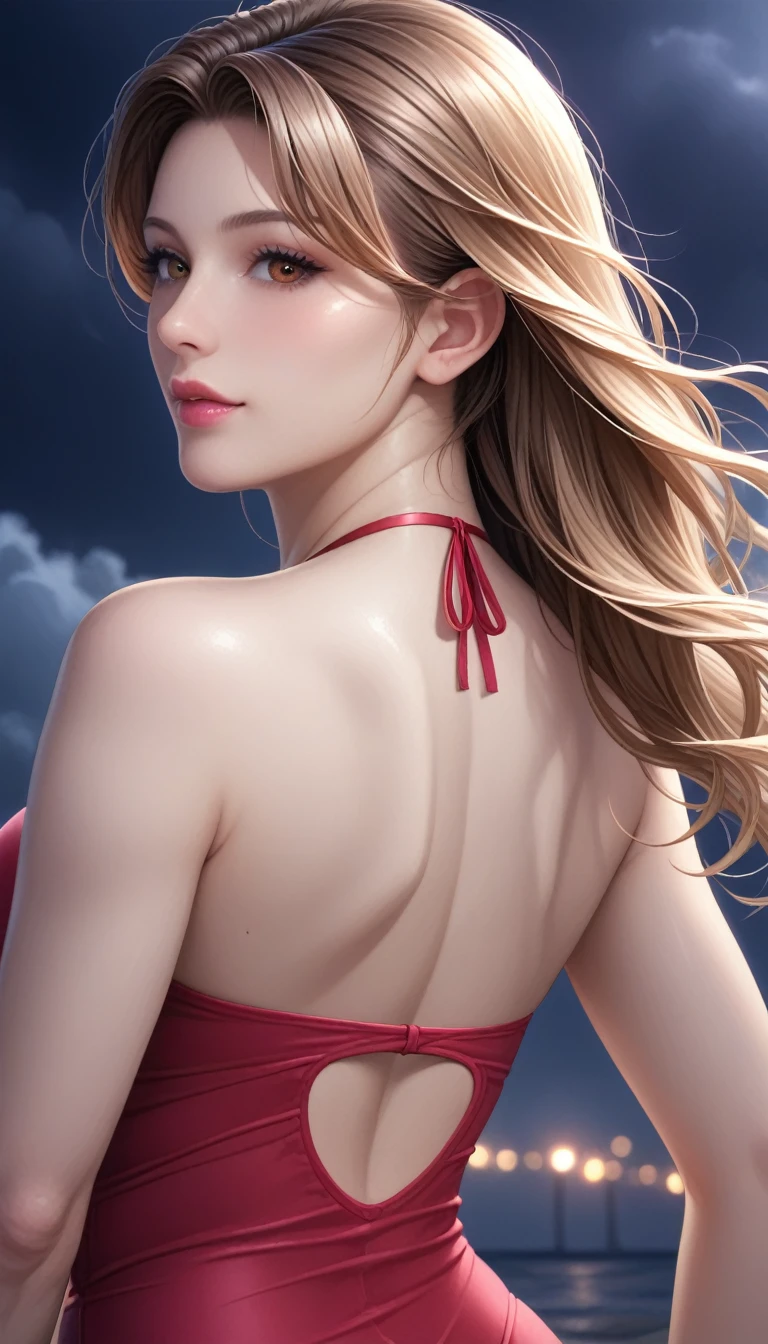 score_9, score_8_superior, score_7_superior, High-resolution CG illustration,A masterpiece in 32K resolution,Highest quality,it is really amazing,Very detailed,Ultra-high resolution,Ultra-realistic,Realistic,Increased depth of field,Cinematic lighting,
Sexy mature Japan woman,
Straight long hair with black hair,Ultra-detailed and beautiful face,Calm and gentle look,Beautiful brown eyes,Translucent white skin,Realistic skin texture,Great proportions,
Elegant red swimsuit,
Simple design,Chic color scheme based on red,Detailed fabric texture,
(Dark overcast sky on a dull night:1.1),(Dark clouds filling the sky:1.1),Thundercloud,Coastline at night,Stormy seas,delay々A desolate sandy beach that continues,
(Beautiful back view:1.2),Cinematic,