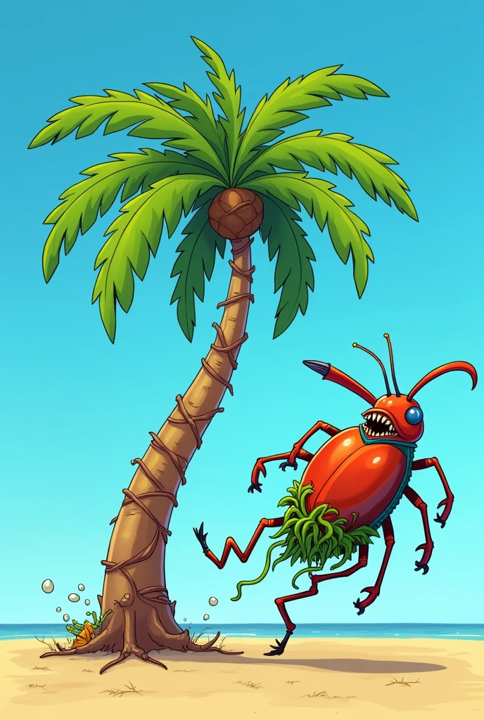 A wicked Rhynchophorus ferrugineus chasing a person disguised as a scared palm tree against a sky blue background, everything as if it were a cartoon
