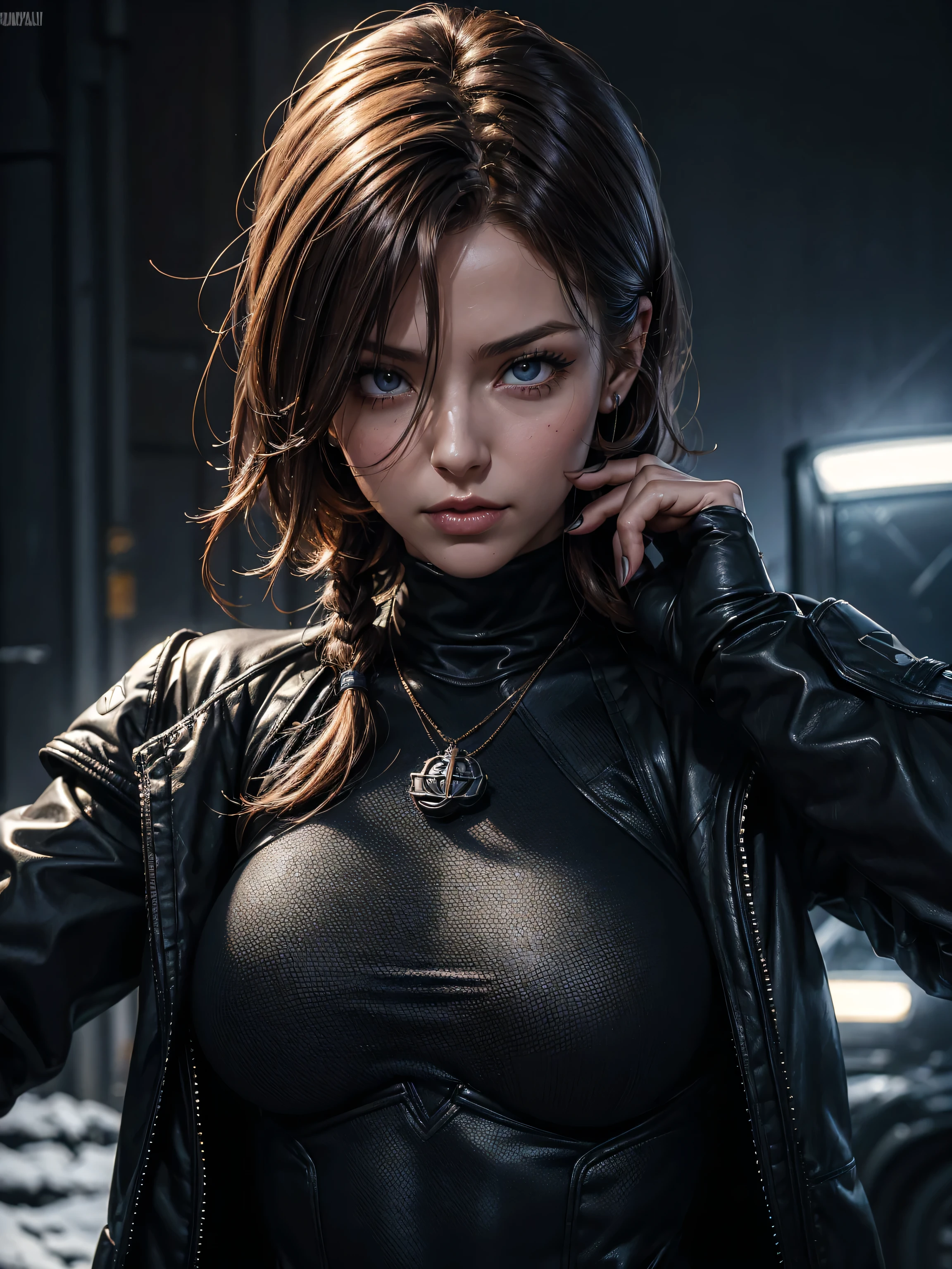 (Name: Reina Parker), Pretty 1.2, Fit body , Beautiful Eyes, 1944, Using Tight Agent Turtle Neck with attachments on, Winter dark Night Apocalypse World, Dirty Outfit and body, 30 year-old, ((Half Body Detailed Character)), view : Half Body, Perfect Fingers