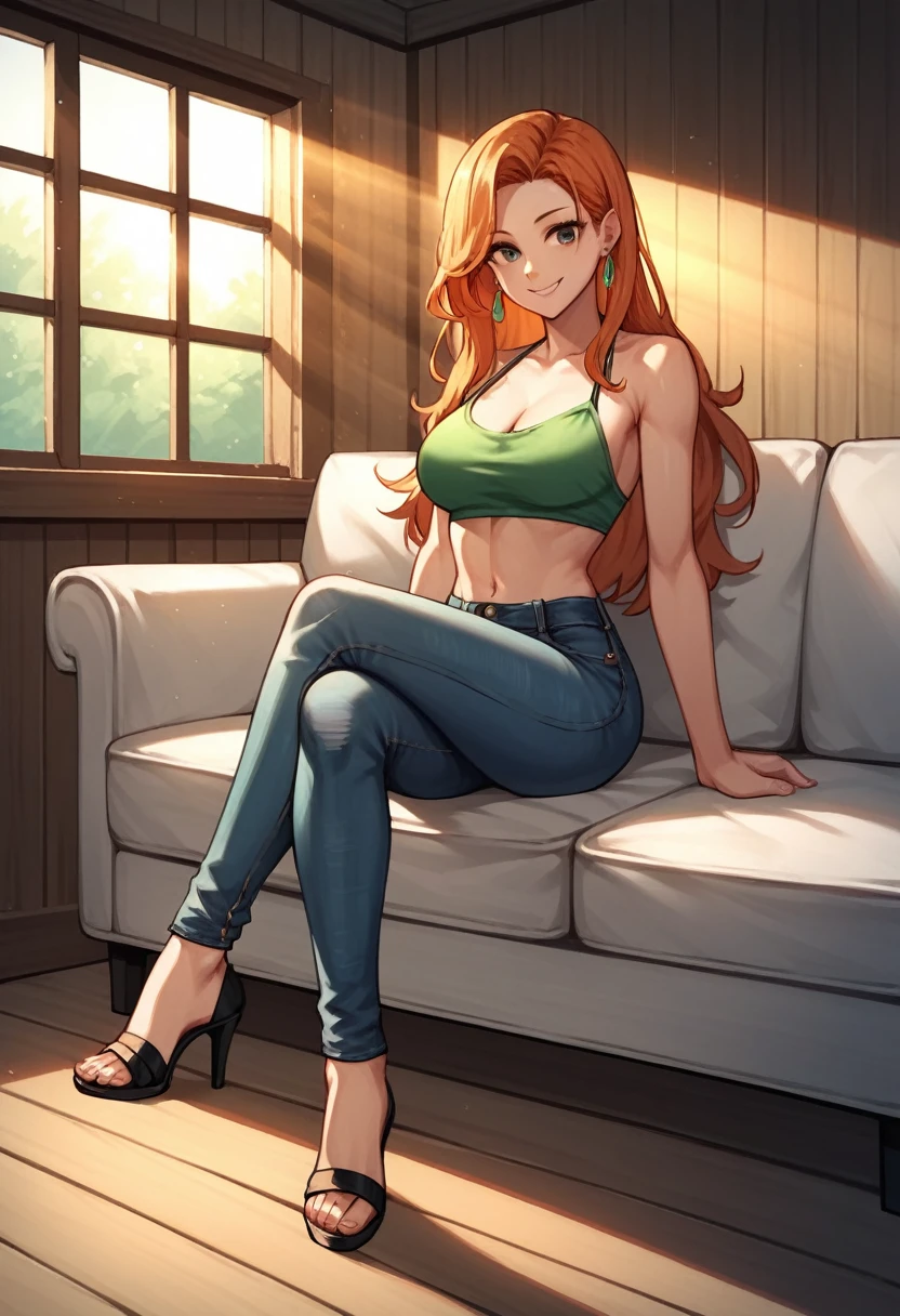 score_9, score_8_up, score_7_up, score_6_up, score_5_up, score_4_up, source_anime, 1girl, orange hair, solo, long hair, jewelry, brown eyes, smile, earrings, covered shoulders, (complex detailed background, inside, room environment, wooden walls, window, light rays), (cowboy shot),  green bikini, jeans pants, black sandals, high heels, sofa, sit, crossed legs, best quality, best res, 4K UHD,
 