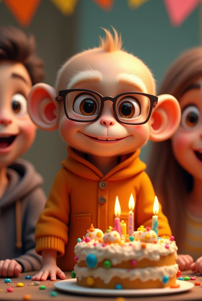 cute baby monkey , with glasses, no hair, wearing orange clothes, brown belt, celebrating your birthday, with birthday cake and friends beside him