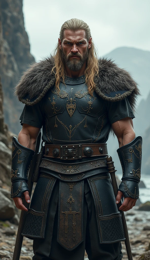 realistic blonde badass angry warrior viking with black Armor