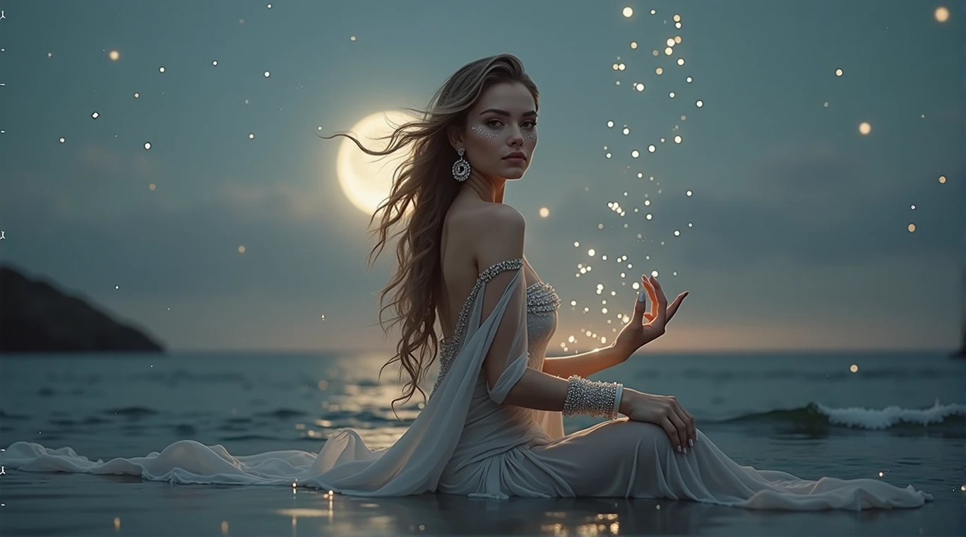 A hyperrealistic image of a woman embodying the zodiac sign of Cancer. Her hair is long and wavy, with makeup that evokes the mystique of the sea: silvery shadows on her eyelids that mimic the moon's reflection on the water and small star-shaped crystals on her cheeks that reflect the light. She wears a flowing silver dress, with details resembling shells and corals, embracing the marine theme. In his arms, She wears bracelets that look like they are made of pearls and fishing nets, and her nails have an artistic design that mimics crab claws. The scene is set under a bright full moon, with intense reflections on the calm sea. Faint brushstrokes of light can be seen surrounding the moon, connecting sky and water, while small floating lights and ethereal flashes dance around her, creating a magical and celestial atmosphere. The setting,, although realistic, is imbued with an aura of fantasy, with lighting effects that highlight the mystical and emotional elements of Cancer, as if the image were captured by a professional photographer in a dreamlike world., with bright magical lights, Warm and soft lighting, vibrant colors, ethereal and atmospheric, Very detailed, 8k, photorealistic, masterpiece