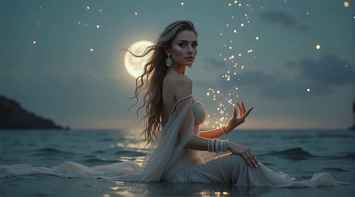 A hyperrealistic image of a woman embodying the zodiac sign of Cancer. Her hair is long and wavy, with makeup that evokes the mystique of the sea: silvery shadows on her eyelids that mimic the moon's reflection on the water and small star-shaped crystals on her cheeks that reflect the light. She wears a flowing silver dress, with details resembling shells and corals, embracing the marine theme. In his arms, She wears bracelets that look like they are made of pearls and fishing nets, and her nails have an artistic design that mimics crab claws. The scene is set under a bright full moon, with intense reflections on the calm sea. Faint brushstrokes of light can be seen surrounding the moon, connecting sky and water, while small floating lights and ethereal flashes dance around her, creating a magical and celestial atmosphere. The setting,, although realistic, is imbued with an aura of fantasy, with lighting effects that highlight the mystical and emotional elements of Cancer, as if the image were captured by a professional photographer in a dreamlike world., with bright magical lights, Warm and soft lighting, vibrant colors, ethereal and atmospheric, Very detailed, 8k, photorealistic, masterpiece