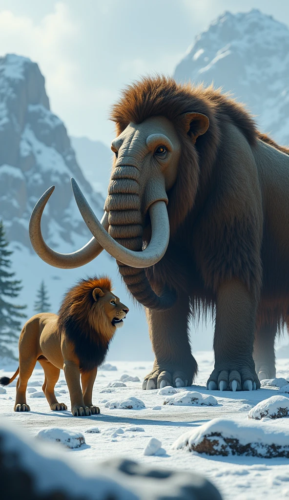 Realistic lion and a mammoth in one picture