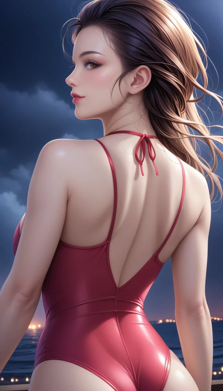 score_9, score_8_superior, score_7_superior, High-resolution CG illustration,A masterpiece in 32K resolution,Highest quality,it is really amazing,Very detailed,Ultra-high resolution,Ultra-realistic,Realistic,Increased depth of field,Cinematic lighting,
Sexy mature Japan woman,
Straight long hair with black hair,Ultra-detailed and beautiful face,Calm and gentle look,Beautiful brown eyes,Translucent white skin,Realistic skin texture,Great proportions,
Elegant red swimsuit,
Simple design,Chic color scheme based on red,Detailed fabric texture,
(Dark overcast sky on a dull night:1.1),(Dark clouds filling the sky:1.1),Thundercloud,Coastline at night,Stormy seas,delay々A desolate sandy beach that continues,
(Beautiful back view:1.2),Cinematic,