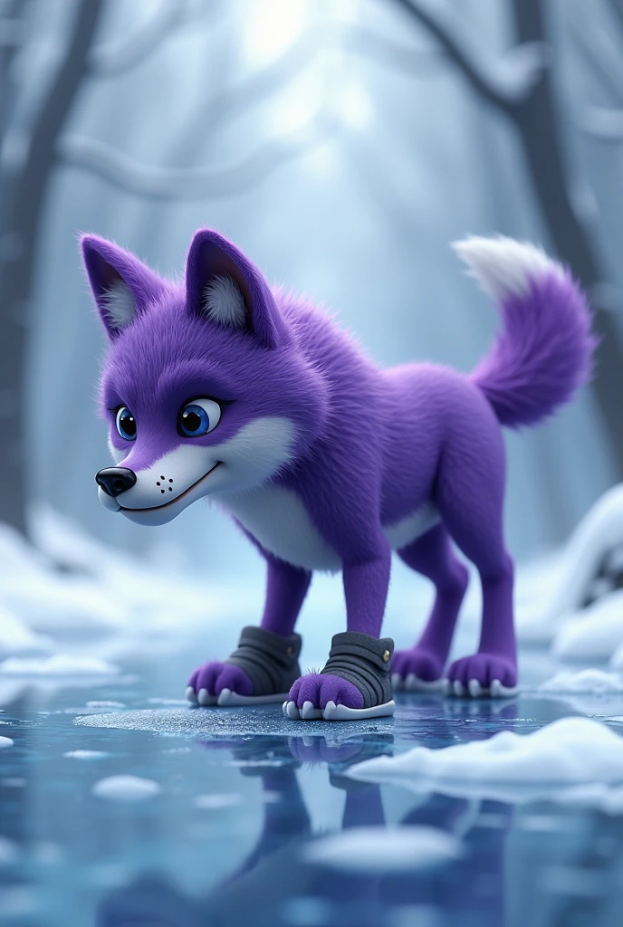 a purple wolf,Realistic and cute,Standing wolf,,sideways,Wearing shoes,walking carefully,The expression is nervous,Move carefully,Icy background,Floor ice surface,The expression is nervous