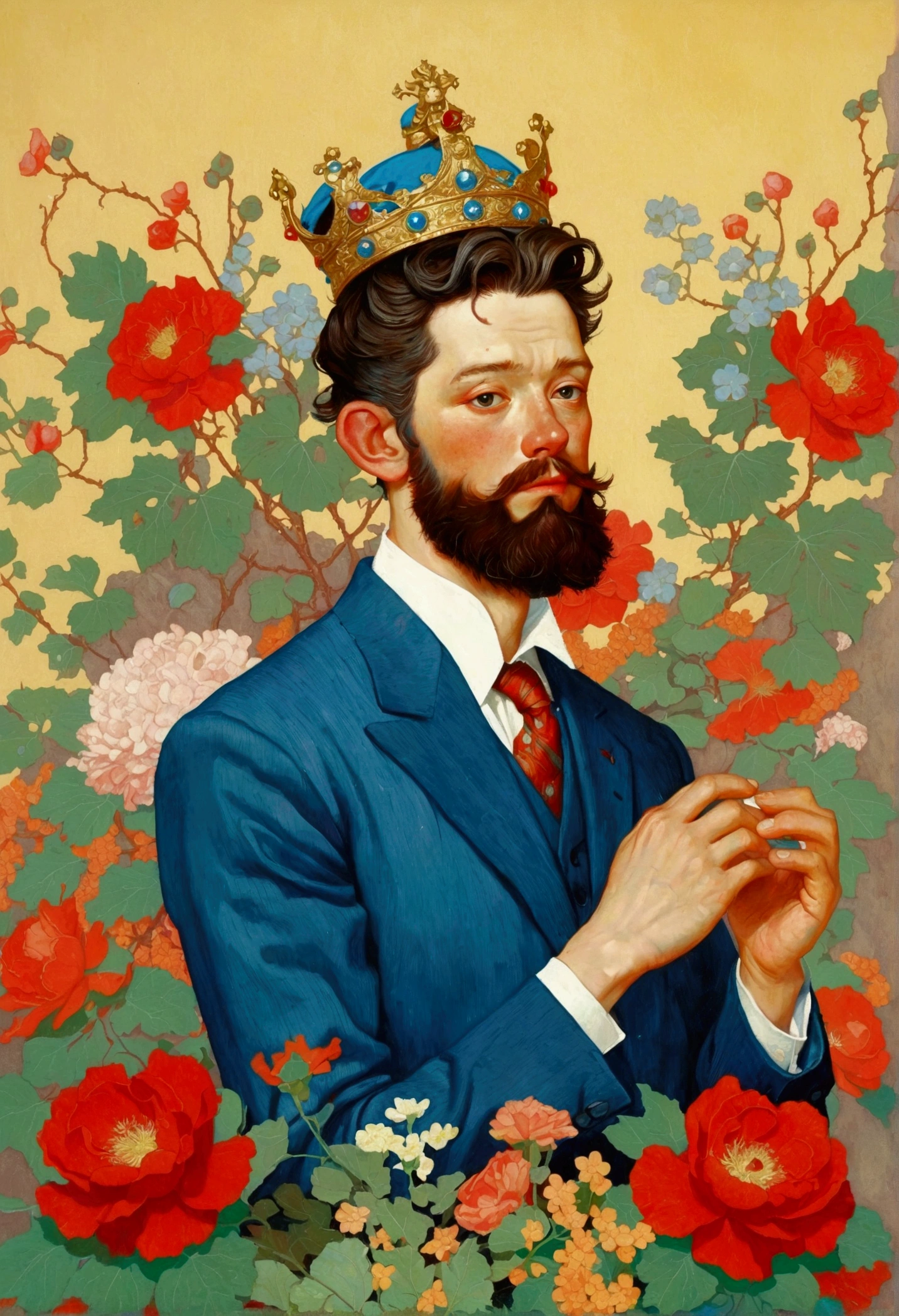 The painting shows a portrait of a man with a beard、Man wearing a crown, excellent portrait, Norman Rockwell and James Jean, Adjusting the Battle, James Jean style, style of james jean, inspiration来自詹姆斯·Christensen, James Jean (James Jean) inspiration, Jack Kemp, Greg Rutkowski ; excellent, 受到 James C inspiration. Christensen, Thomas Kinkade and Tristan Eton, Flowers in bloom