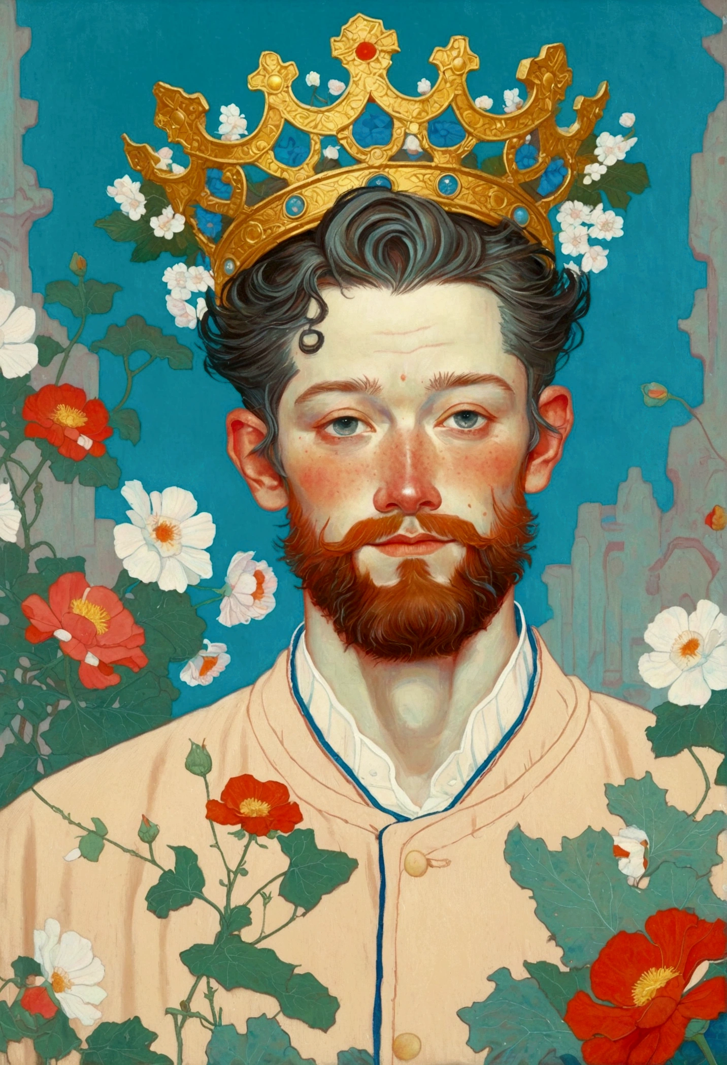 The painting shows a portrait of a man with a beard、Man wearing a crown, excellent portrait, Norman Rockwell and James Jean, Adjusting the Battle, James Jean style, style of james jean, inspiration来自詹姆斯·Christensen, James Jean (James Jean) inspiration, Jack Kemp, Greg Rutkowski ; excellent, 受到 James C inspiration. Christensen, Thomas Kinkade and Tristan Eton, Flowers in bloom