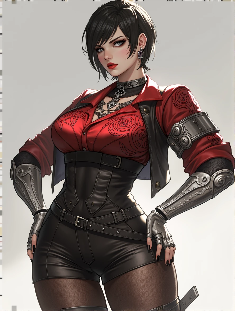 RWBY, Ruby Rose, alternate look, different art style, adult, high waist shorts, black stockings, red business shirt with intricate design, Gothic couture, metal gauntlets short hair, silver eyes, eye shadow, red lipstick, modern art style, highly detailed, lots of small features, stern look