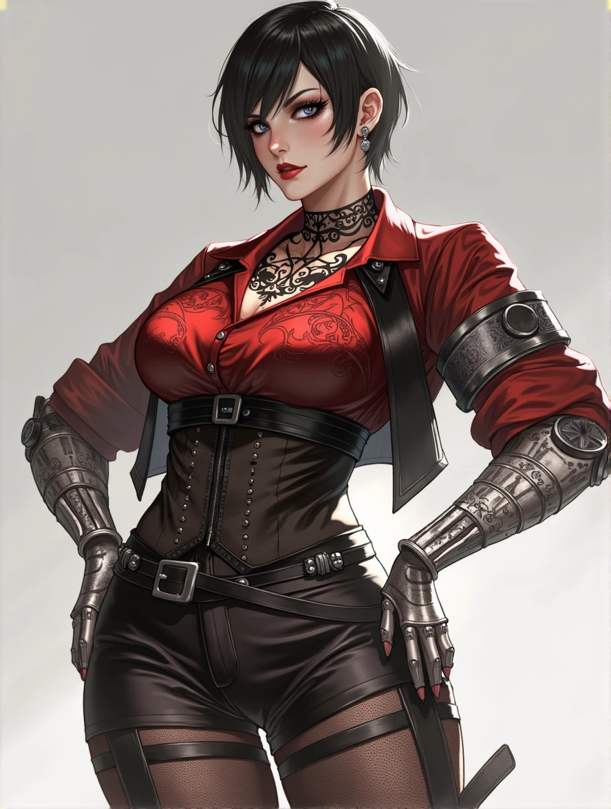 RWBY, Ruby Rose, alternate look, different art style, adult, high waist shorts, black stockings, red business shirt with intricate design, Gothic couture, metal gauntlets short hair, silver eyes, eye shadow, red lipstick, modern art style, highly detailed, lots of small features, stern look