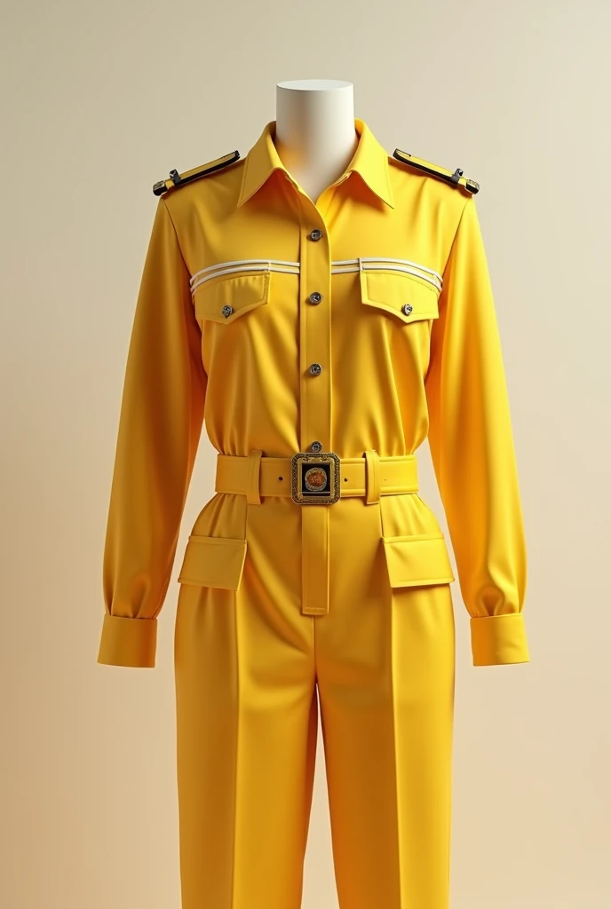 A crisp, formal police uniform draped in a vibrant saffron yellow and pristine white colors stripes across pant and shirt