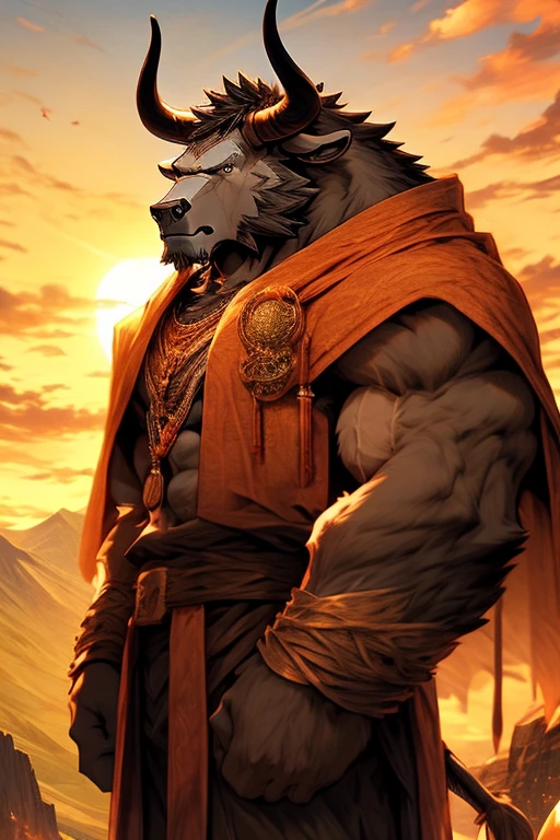 A Minotaur with grey fur, standing on the edge of a cliff on a high mountain, with a simple cape fluttering in the wind. He looks towards the horizon, where the sun is rising, bathes the landscape in golden hues. In your hands, he holds a wooden staff, symbol of his spiritual journey and inner strength and wearing oriental clothing.