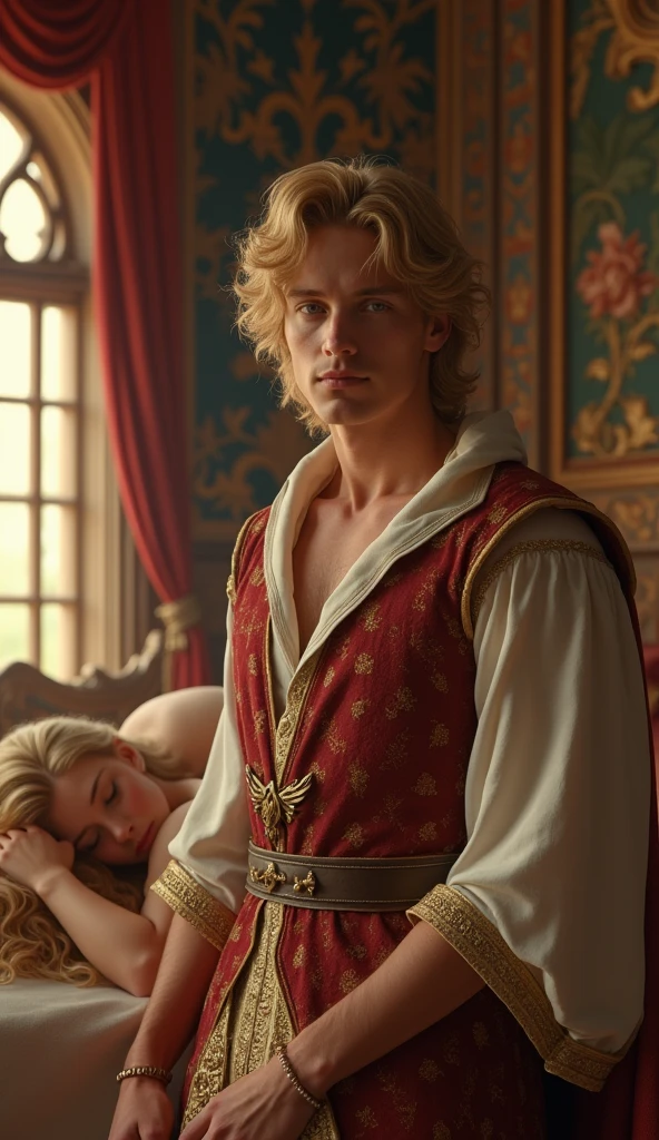 "A blonde prince is taking a selfie in a luxurious medieval hall. Beside him, A blonde princess is sleeping, He looks at the camera. The AI-generated image should be the selfie the prince is taking, showing the scene as if captured by the prince's smartphone camera. The cell phone does not appear in the photo, and the selfie shows the prince in the foreground with the sleeping princess beside him, while the elegant medieval hall is visible in the background."
