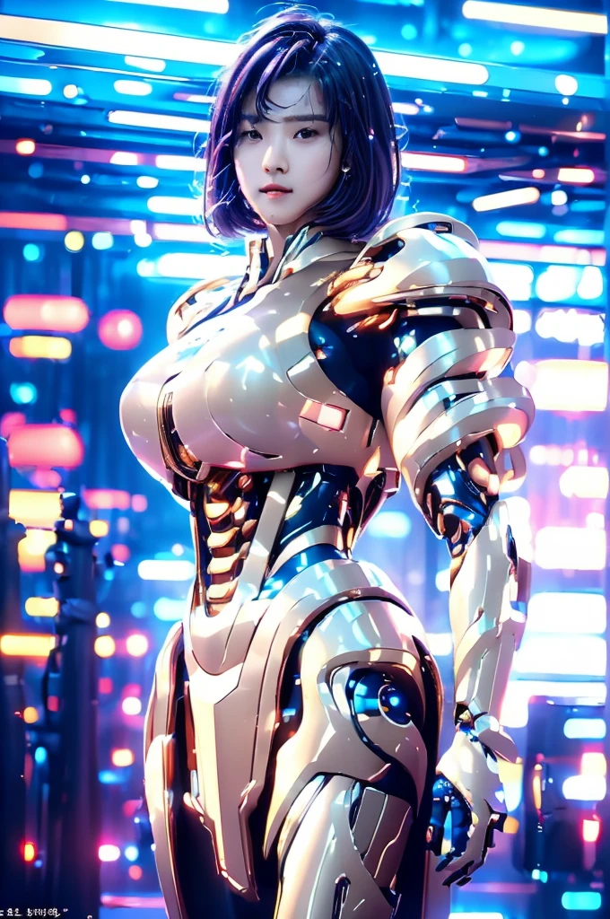 Highest quality, masterpiece, figure, (Realistic, photo-Realistic:1.37), wonderful, In detail, Incredibly absurd, Large file size, Very detailed, High resolution, Very detailed CG Unity 8k wallpaper, Very detailed目と顔, Ray Tracing, Browsing Caution, NUDE, One girl, Korean cyborg girl is innocent and young々Has a sly expression. She poses boldly with her arms raised above her head, Revealing her voluptuous figure. She is wearing a small black mecha armor top that barely covers her breasts., Exposing most of her flawless skin. Her shoulders and head have more armor detailing.、There are shining highlights, Tech Panels and Mechanisms. She is standing against a futuristic cityscape lit up with vibrant neon lights.、Standing full of energy。.