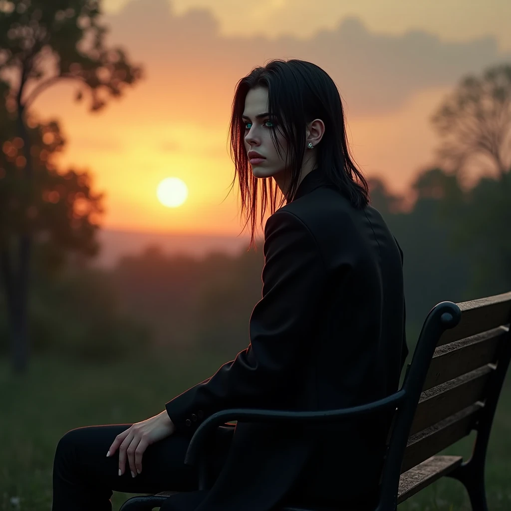 A sexy young male with teal blue eyes and long straight black hair, with pretty and delicate facial features, he is wearing gothic black clothes. His skin is pale and white. He has thick, long, and shiny legs. Sitting on a bench and watching the sunset. (Male) (Make it realistic) ((no facial hair)) ((no body hair))) ((masterpiece)) ((detailed) (((NO facial hair or body hair)) ((sexy)) (((show his full body)) (((he looks attractive)) (smirking) (he has gothic makeup on his face) ((show his whole body)) (MALE)) (boy (((((No facial or body hair)))))