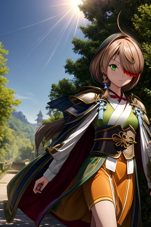 8k wallpaper, masterpiece, movie lighting, medieval setting, Beautiful female  yamamoto kansuke with light brown hair, short hair, single braid, hair over one eye, ahoge, eyepatch, green eyes walking on a winding road with a serious on her face, sunrise with clear skies background