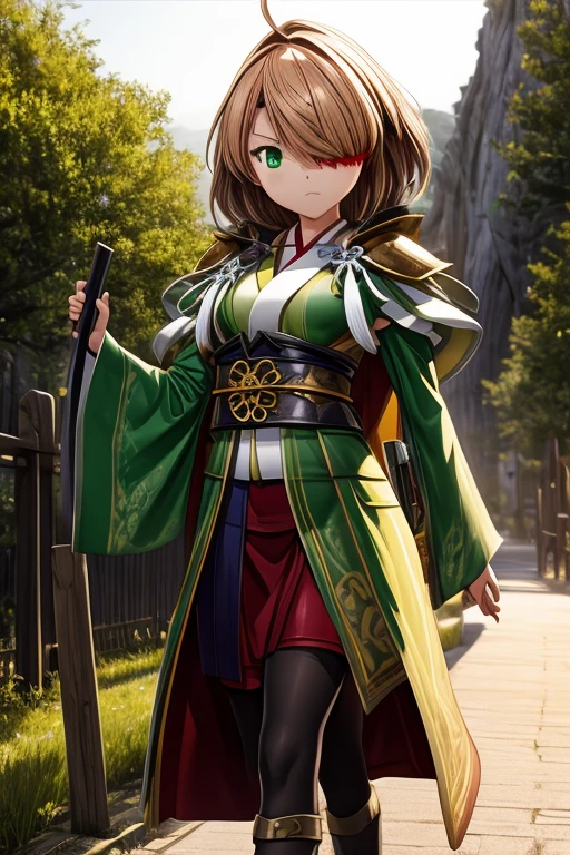 8k wallpaper, masterpiece, movie lighting, medieval setting, Beautiful female  yamamoto kansuke with light brown hair, short hair, single braid, hair over one eye, ahoge, eyepatch, green eyes walking on a winding road with a serious on her face, sunrise with clear skies background