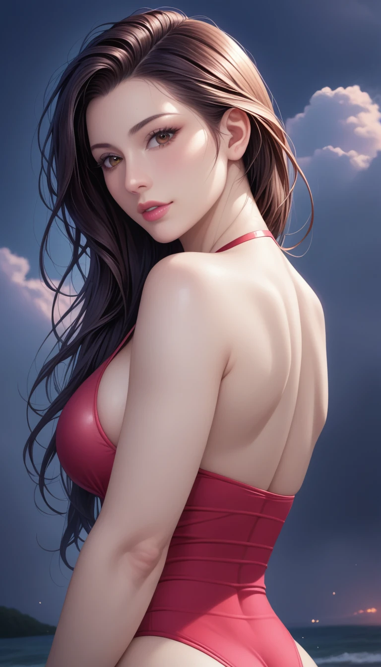 score_9, score_8_superior, score_7_superior, High-resolution CG illustration,A masterpiece in 32K resolution,Highest quality,it is really amazing,Very detailed,Ultra-high resolution,Ultra-realistic,Realistic,Increased depth of field,Cinematic lighting,
???? mature Japan woman,
Straight long hair with black hair,Ultra-detailed and beautiful face,Calm and gentle look,Beautiful brown eyes,Translucent white skin,Realistic skin texture,Great proportions,
Elegant red swimsuit,
Simple design,Chic color scheme based on red,Detailed fabric texture,
(Dark overcast sky on a dull night:1.1),(Dark clouds filling the sky:1.1),Thundercloud,Coastline at night,Stormy seas,delay々A desolate sandy beach that continues,
(Beautiful back view:1.2),Cinematic,