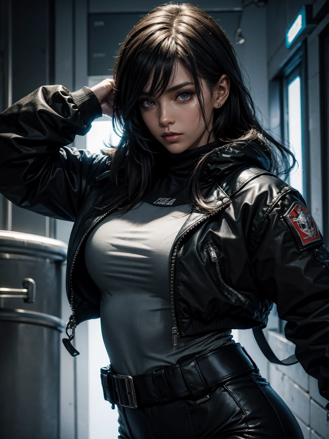 (Name: Reina Parker), Pretty 1.2, Fit body , Beautiful Eyes, 1944, Using Tight Agent Turtle Neck with attachments on, Winter dark Night Apocalypse World, Dirty Outfit and body, 30 year-old, ((Half Body Detailed Character)), view : Half Body, Perfect Fingers, Using Cool Black Mask