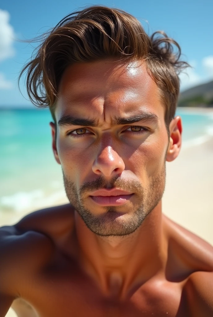 (photorealism:1.2), beautiful 30 years old man, Brown hair, fit, sweat, selfies, beach