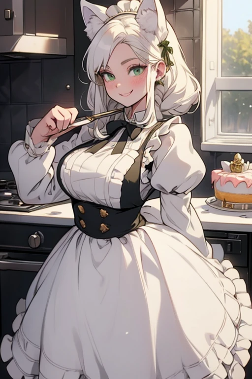 Perfect face. Perfect hands. A young white haired woman with green eyes with white wolf ears and a fluffy white wolf tail in a Lolita maid outfit is baking a cake in a fancy kitchen with a big smile