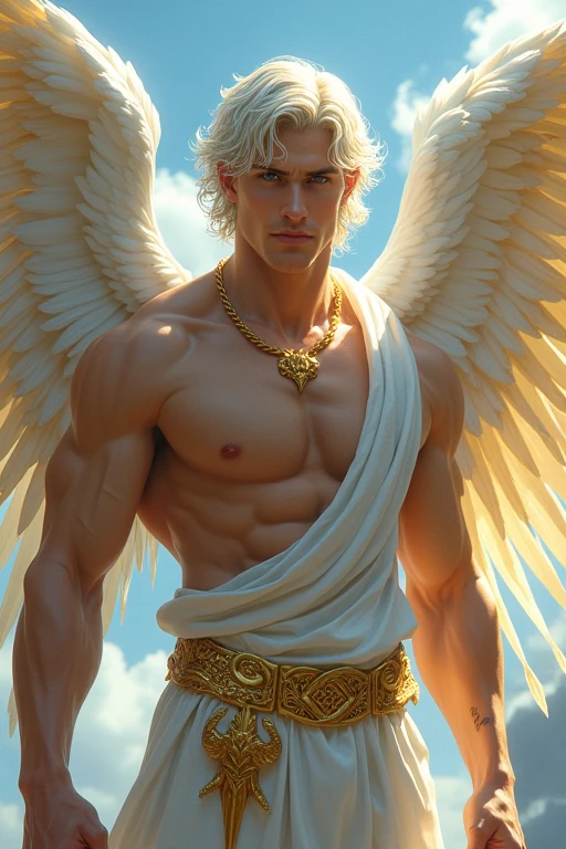 ((best quality)), ((masterpiece)), (detailed), Sure thing!
Eragon, a male angel, who has a tall and muscular build. Pale skin, golden eyes, white and golden curled hair, and a scar on his cheek. Wears a fitted, white outfit with gold patterns and a golden ouroboros necklace
Also, has golden and white and blue wings that are large and fit his body. Anything I forgot?