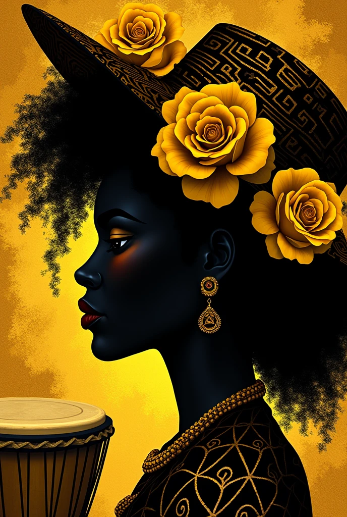 Silhouette of a Black woman's face, looking serious straight ahead with her curly hair and yellow roses in her hair, with drums around his face and the background being the image of the vueltiao hat in black and yellow