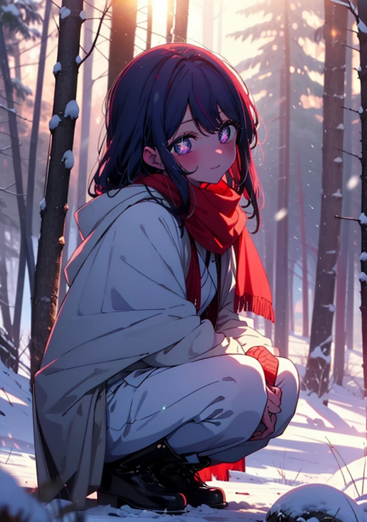 aihoshino, Ai Hoshino, Long Hair, bangs, (Purple eyes:1.1), Purple Hair, (Symbol-shaped pupil:1.5), smile,,smile,blush,white breath,
Open your mouth,snow,Ground bonfire, Outdoor, boots, snowing, From the side, wood, suitcase, Cape, Blurred, , forest, White handbag, nature, Squat, Mouth closed, Cape, winter, Written boundary depth, Black shoes, red Cape break looking at viewer, Upper Body, whole body, break Outdoor, forest, nature, break (masterpiece:1.2), Highest quality, High resolution, unity 8k wallpaper, (shape:0.8), (Beautiful and beautiful eyes:1.6), Highly detailed face, Perfect lighting, Extremely detailed CG, (Perfect hands, Perfect Anatomy),