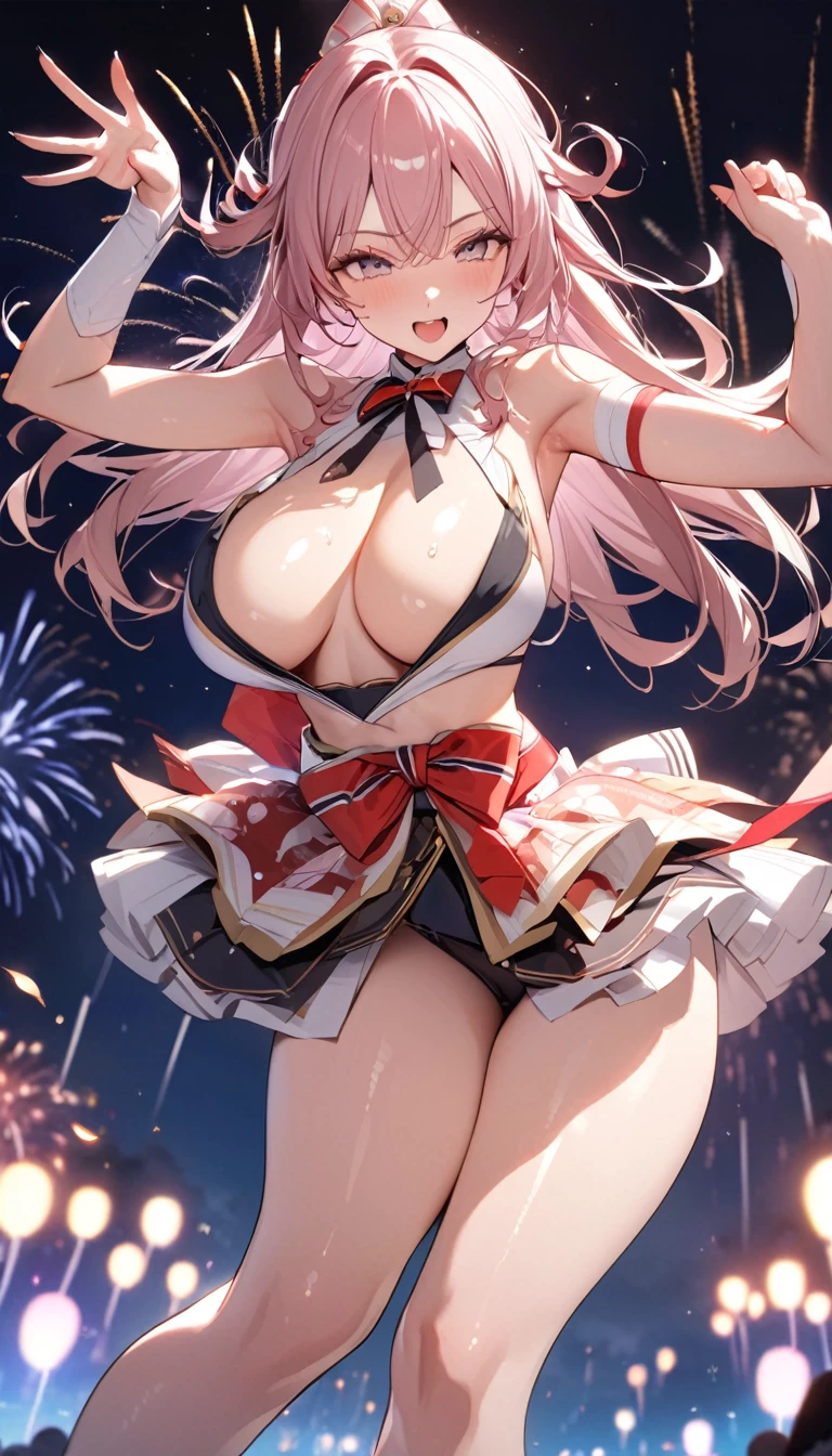 masterpiece,Highest quality,8k,Night Sky,firework,,Bold Pose,Big behavior,Shiny hair,Glossy skin,Japanese idol model,