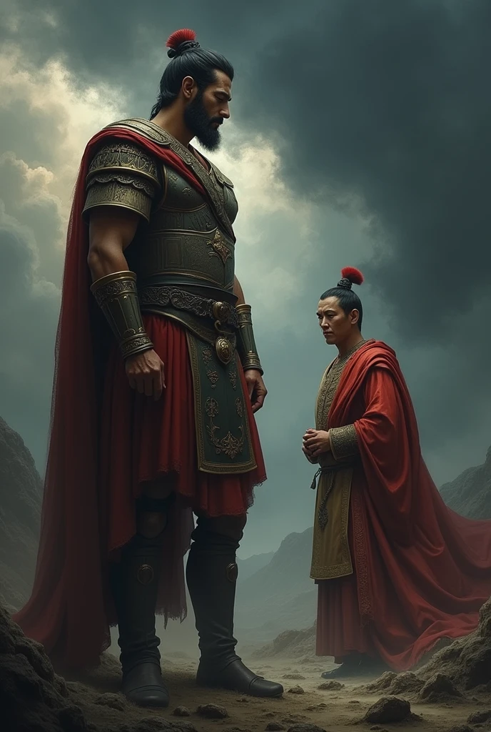 Both figures Alexander and Chinese emperor are depicted in moments of tragic realization, with dark clouds gathering above them