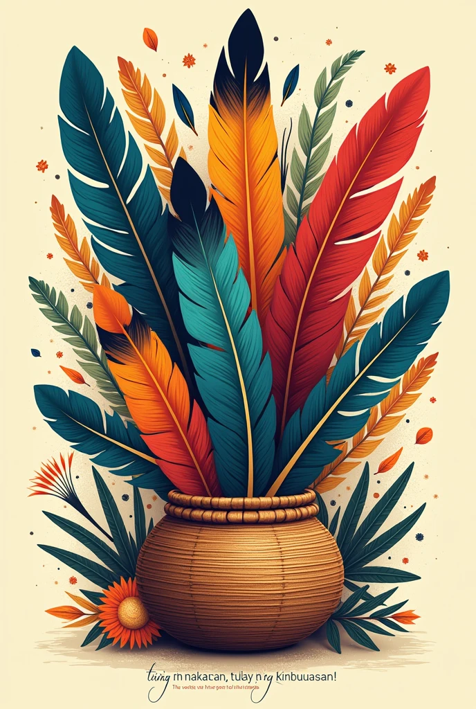Bilao design, with feathers and have a text say's "tinig ng nakaraan, tulay ng kinabukasan!" And have a Philippines history in it and a little bit of design cultural inside the bilao