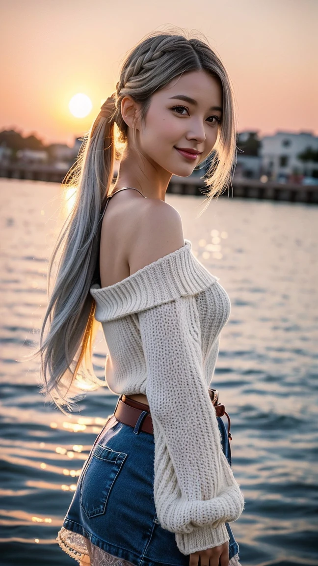 sunset city,The actress is a very beautiful western adult woman...... lace bobbin ruffle mini skirt,sexy face, Belt bag, Oversized loose sweater with lace bobbin, V-neck and off-the-shoulder . happy smile.sexy face, (silver hair、Bollos retorcidos en una Horse tail adornados con trenzas y cuentas elaboradas.,Fishbone braided hair,),(The fringe is transparent fringe.),(shorten、Horse tail、by the floating、),.(strong emphasis:1.3),Use sunset as lighting.,cinematic light,(mesa,Maximum quality,Ultra-high resolution output image,) ,(8K quality,),(nautical art mode 2:1.3),,(Ultra HD picture mode,)
