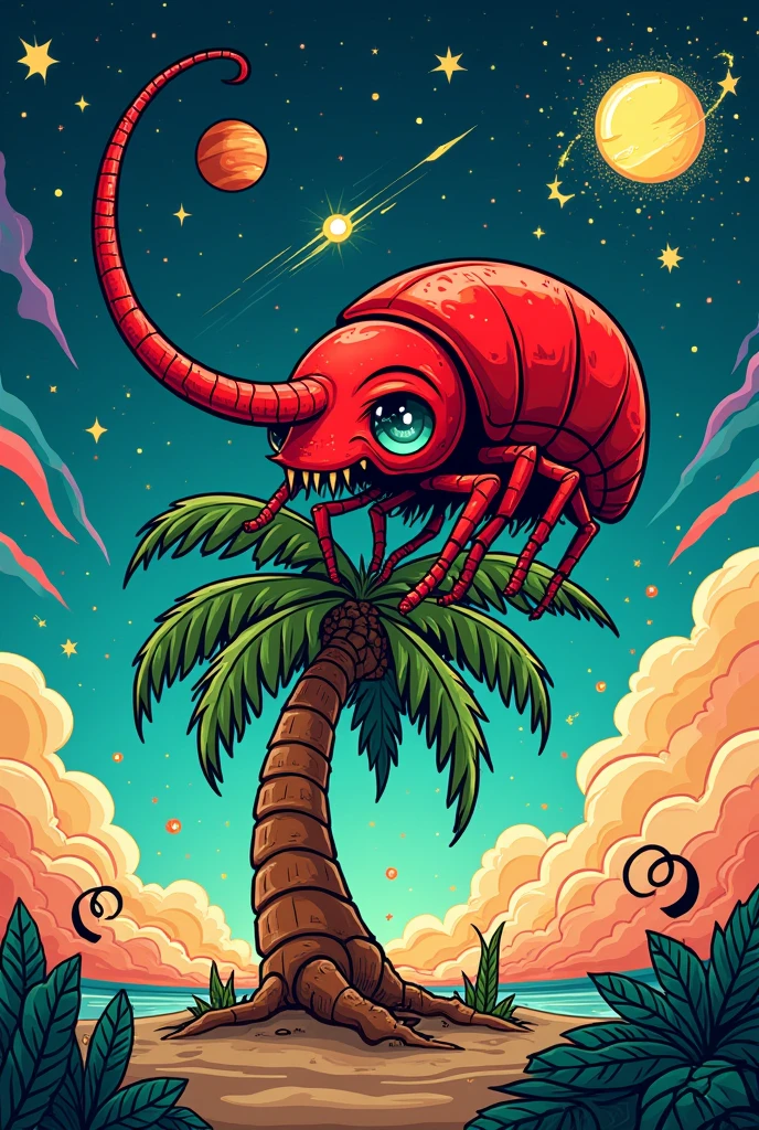 A wicked Rhynchophorus ferrugineus eating a scared palm tree against a celestial background, everything as if it were a cartoon