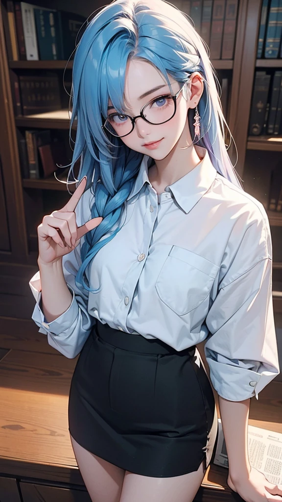 One Girl(High resolution, masterpiece, accurate, Anatomically correct), ((intellectual、Wearing glasses、Standing at an angle, one index finger touching his glasses and the other hand holding a book at his side、A little smile))、(Two-tone golden and light blue hair、Pink eyes)、(A short-sleeved tight white shirt and a tight black skirt that accentuates her body lines)((Old Library))Highest quality, Ultra high definition, High-resolution model, Composition from above、Face close-up