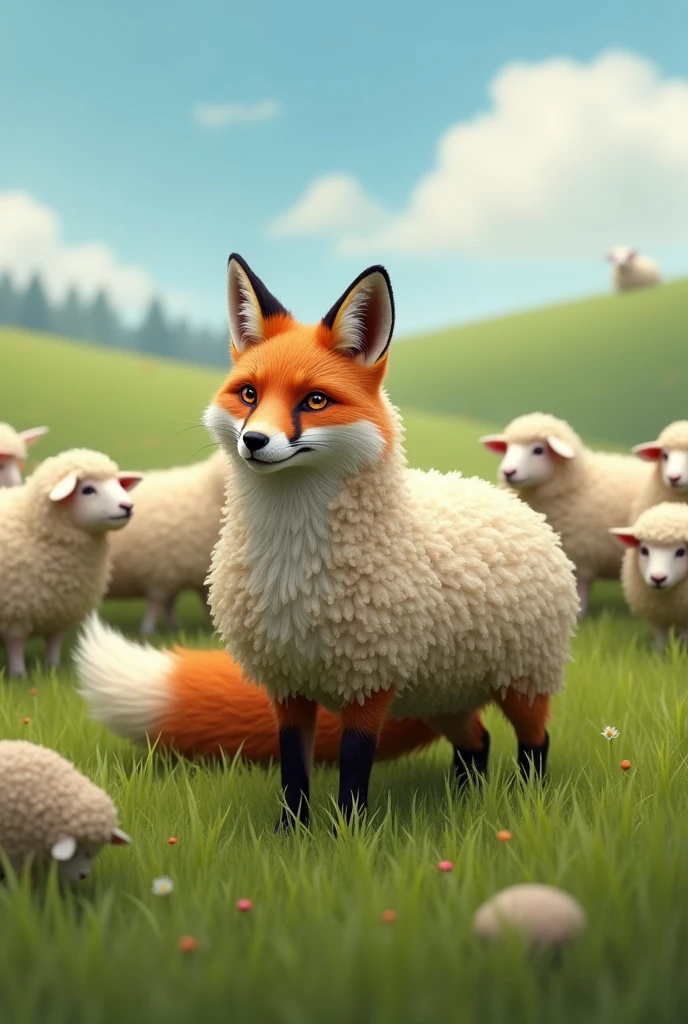 A clever fox look like a sheep because he wearing sheepsking. He eating grass with many  sheeps in a field.