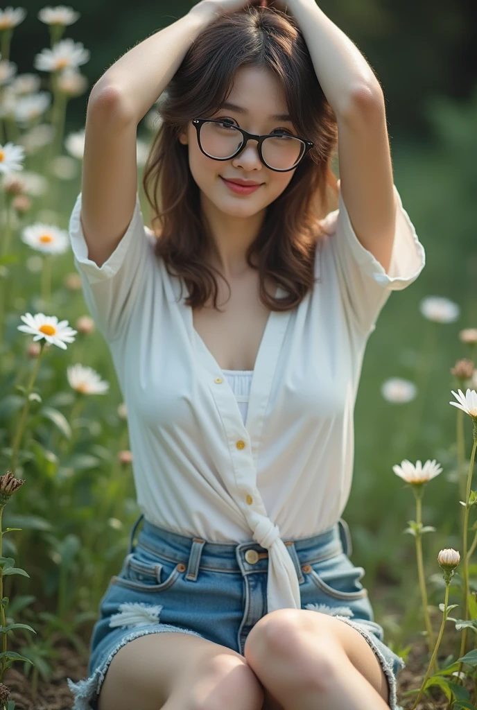 8K, masterpiece, ultra HD, intricate detailed, RAW photo, highly detailed, RAW photo, best quality, A beautiful Taiwanese girl, 22 years old, pale skin, real skin, slightly smile, open white shortsleeved shirt, arms up, small breast, ((ripped denim mini skirt:1.3)), black round glasses, ((Sitting front view:1.5)), ((spreading legs:1.4)), (sitting on a grass of flowery garden:1.5), front view:1.5, modeling pose, Blured background, depth of field, (lift skirt by myself, show my white panties:1.1), half body shots, closer photo taken, barefeet, Slim body, slender legs, slim muscular body, small breast, wavy hair, ash-brown hair color, ((front view, from below:1.5)),white panties,soft front lighting,1 girl ,solo,beauty,1girl, nipples projection