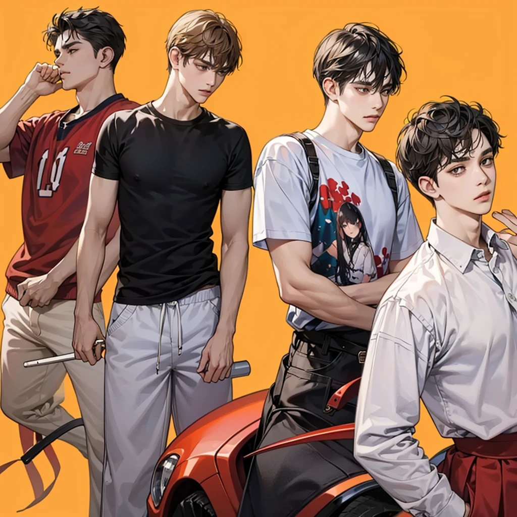 Four boys, black hair, brown eyes, simple background, high resolution, brown hair, stand in a line.., Wear a t-shirt, shut your mouth, handsome, cool