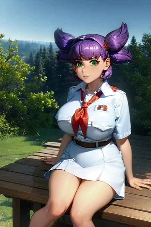 (masterpiece, ultra high resolution, Maximum detail), beautiful girl, Pioneer, pioneer uniform, pioneer blue skirt,red tie and white shirt, Girl hairstyle two pigtails , green eyes, Lilac hair,sitting on a bench in a pioneer camp, Lena Endless Summer, thick legs