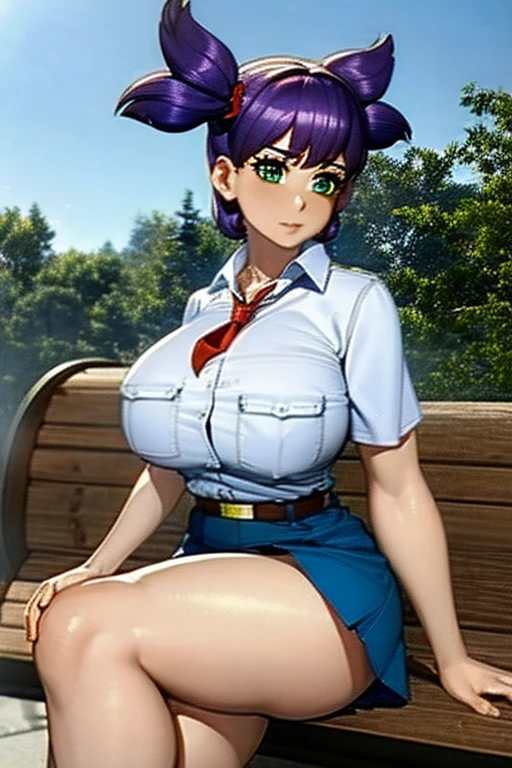 (masterpiece, ultra high resolution, Maximum detail), beautiful girl, Pioneer, pioneer uniform, pioneer blue skirt,red tie and white shirt, Girl hairstyle two pigtails , green eyes, Lilac hair,sitting on a bench in a pioneer camp, Lena Endless Summer, thick legs