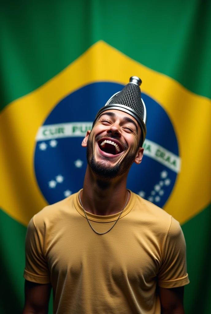 Create an image of a human with a microphone head laughing and the Brazilian flag in the background.