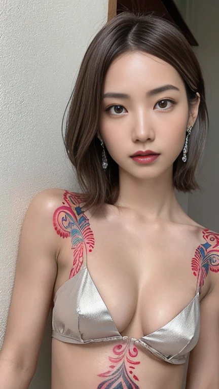 Anime-style woman, thin, thin, whole body, Full of tattoos, Lots of earrings, Beautiful and shiny hair, Rainbow Eyes, Slanted Eyes, Wavy silver hair, Kind and charming, shoulderを露出させる, Delicate and sexy collarbone, Attractive oval face, double eyelid, Pink Lips, Small Nose, Concentrated face, Ultra-high resolution, Very detailed, Graceful posture, Nice, ultra-thin,arm，shoulder，chest，Dark mahogany Samoan tribal tattoo body paint on genitals, Glowing Skin, Realistic Background, sunlight