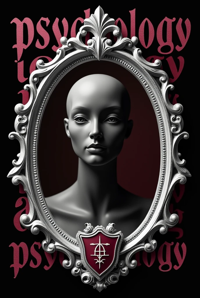 make a black t-shirt print with a rounded and square mirror in the Rococo style silver with the interior reflecting only the head and neck of a mannequin in a way that almost fills the entire mirror. Behind this mirror the writing "psychology" filling the entire background with the letters in the Renaissance style in dark wine color. on the lower part and centered on the edge of the mirror should contain a coat of arms with the symbol: (Ψ) also in silver and wine