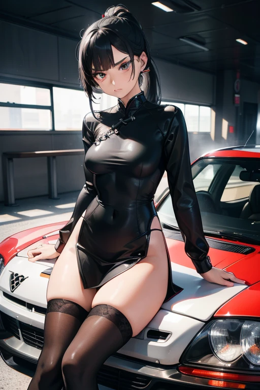 one person, High resolution, High resolution, masterpiece, Anatomically correct, accurate, Winner of numerous awards, Textured skin, retina, Black Hair, Split Ponytail, Slim Body,Slanted Eyes, Contempt/angry gaze, Wide-angle shot, Barrette, anaglyph, Unreal Engine, Black Mini Cheongsam,third seats of a Alphard,,No sleeve,race,AA-cup,Over the knee socks,Bad makeup