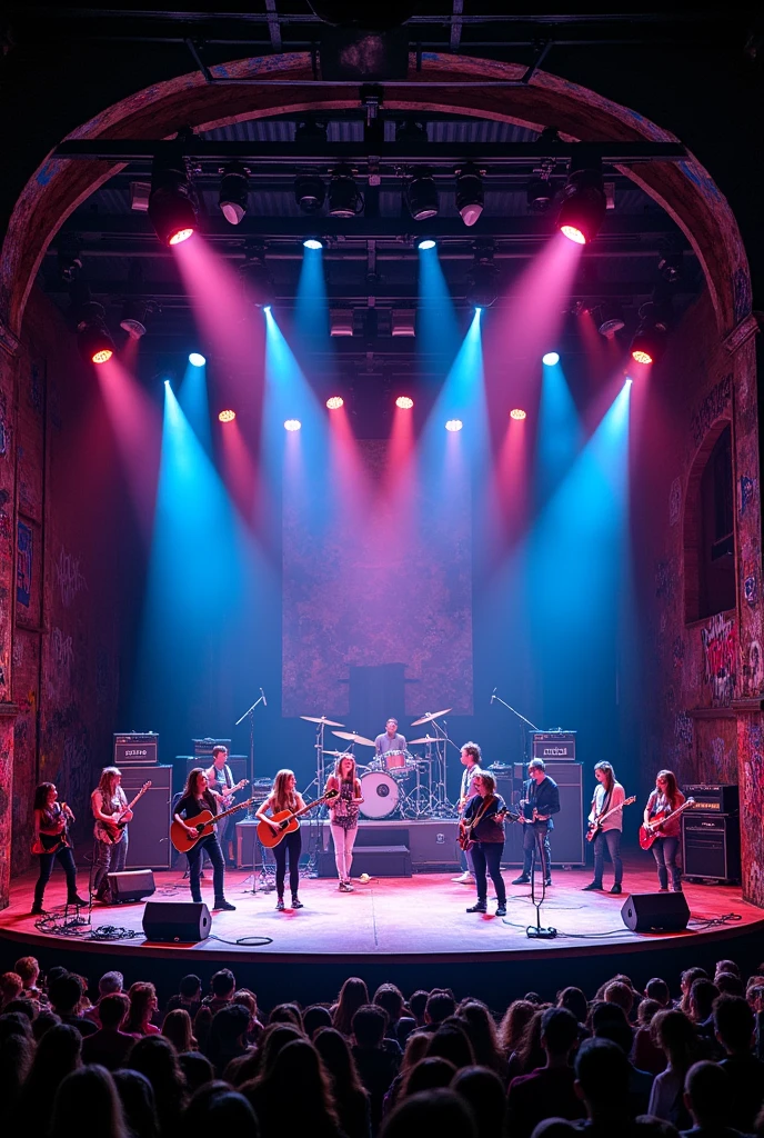 Theater stage with image to use in the presentation of the musical School of Rock