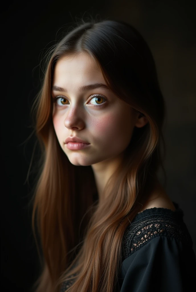 Tatar girl 15-. Brown eyes, long chestnut silky hair. Not plump and not thin lips, straight nose, thick straight eyebrows. Photo in a dark room.