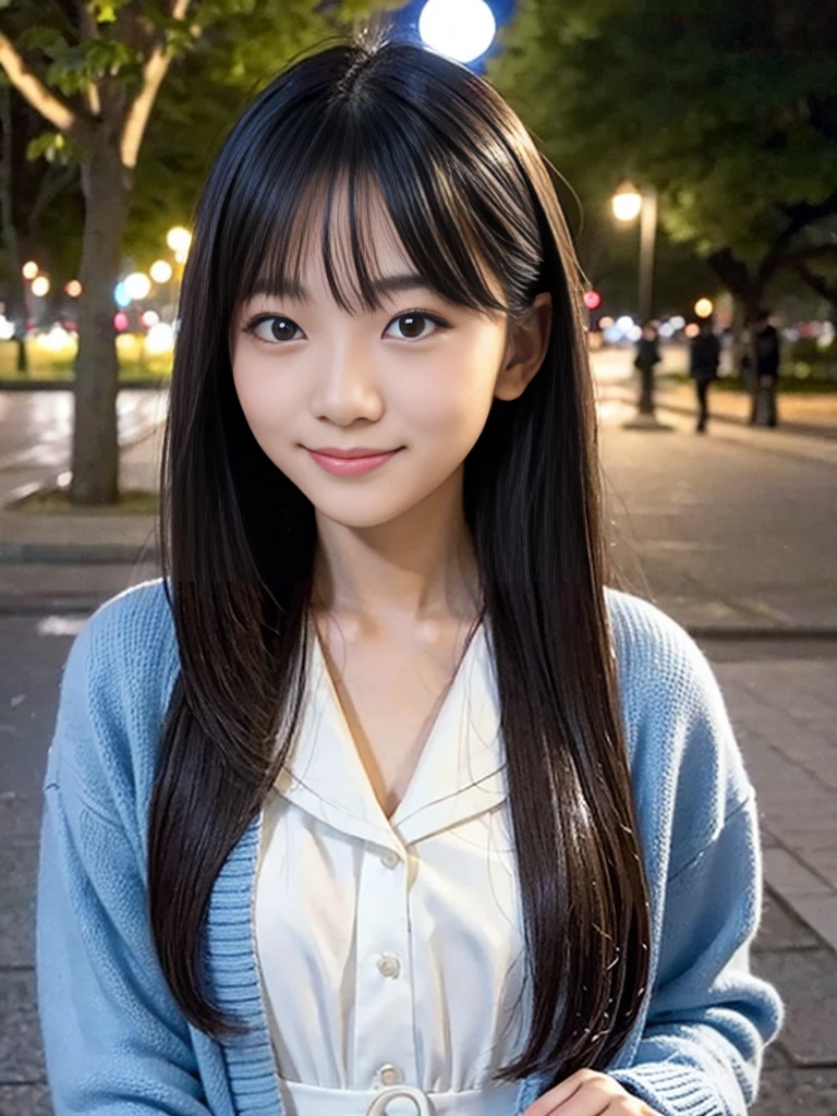 A slim 25-year-old Japanese woman、Baby Face、Semi-long hair、Dull black hair、White dress with a blue cardigan、Small bust size、Smiling、There's a small mole under my right eye.、Duck mouth、standing in the park at night、Random Pause、Background heavily blurred、Bust Shot、Focus on the face、Round, double eyelids、dim、Lower resolution、No Shading