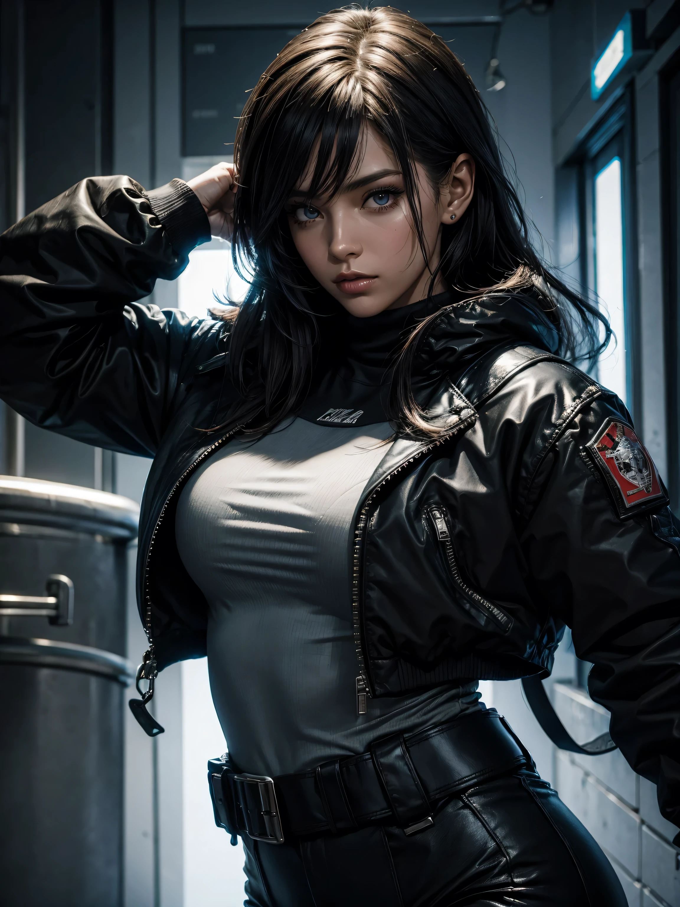 (Name: Reina Parker), Pretty 1.2, Fit body , Beautiful Eyes, 1944, Using Tight Agent Turtle Neck with attachments on, Winter dark Night Apocalypse World, Dirty Outfit and body, 30 year-old, ((Half Body Detailed Character)), view : Half Body, Perfect Fingers, Using Cool Black Mask